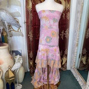 Strapless Pink Floral High-Low Maxi Dress